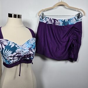 Rotita Purple Tropical Floral 2 Piece Bikini Top & Cinched Swim Skirt Size Large